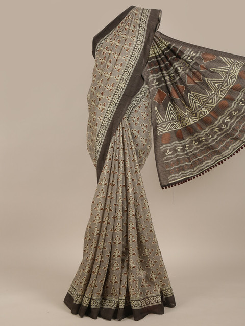 

Pothys Grey & Brown Floral Jute Silk Saree