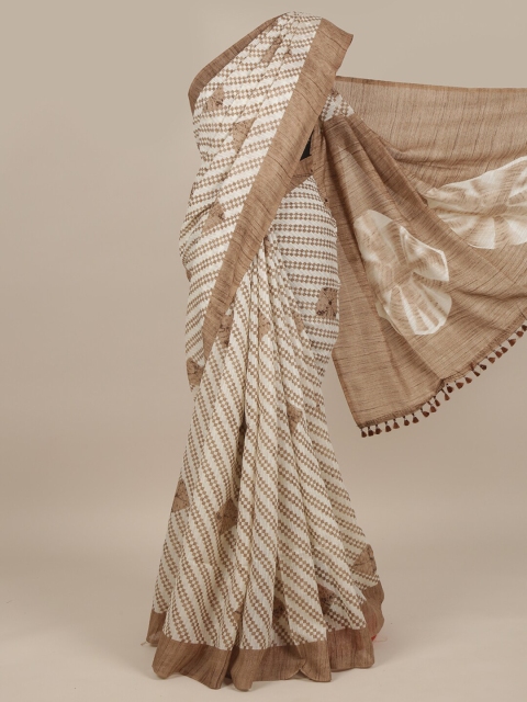 

Pothys Cream-Coloured & Brown Printed Jute Silk Saree
