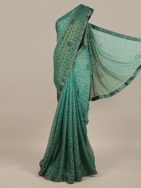 

Pothys Green & Gold Printed Poly Chiffon Saree