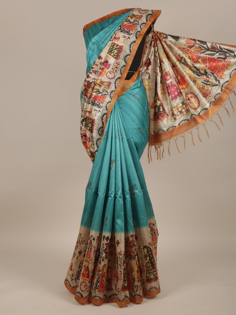 

Pothys Blue & White Kalamkari Jute Silk Saree