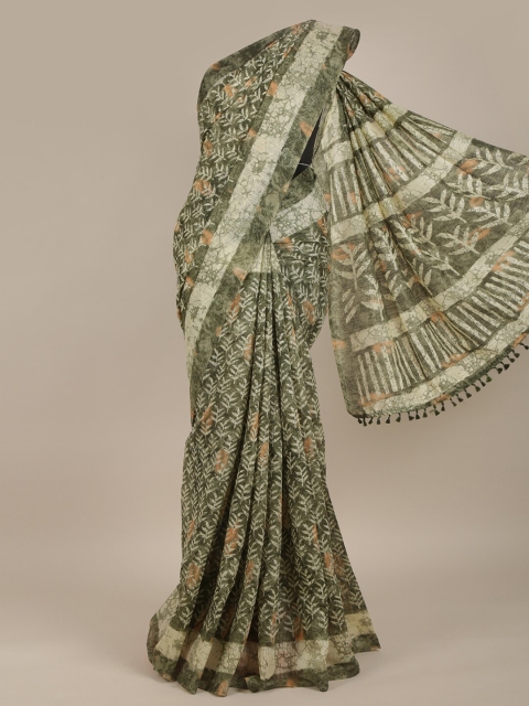 

Pothys Green & White Floral Jute Silk Saree