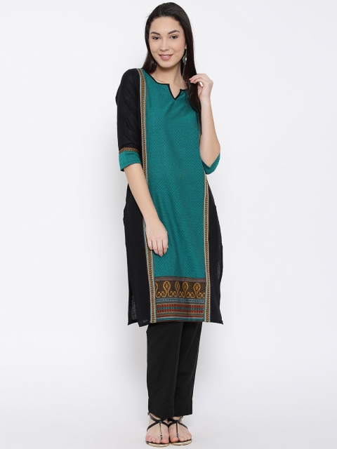 

AURELIA Women Black & Teal Blue Woven Design Straight Kurta