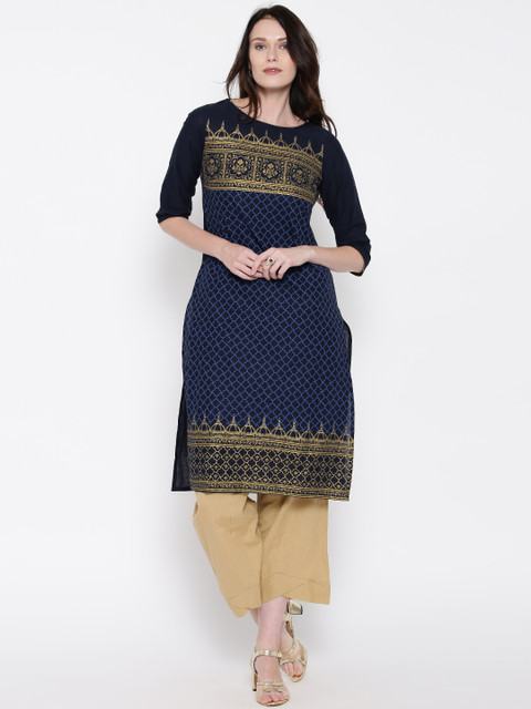 

AURELIA Women Navy Printed Straight Kurta, Navy blue