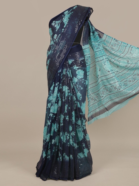 

Pothys Blue Floral Sequinned Poly Chiffon Saree