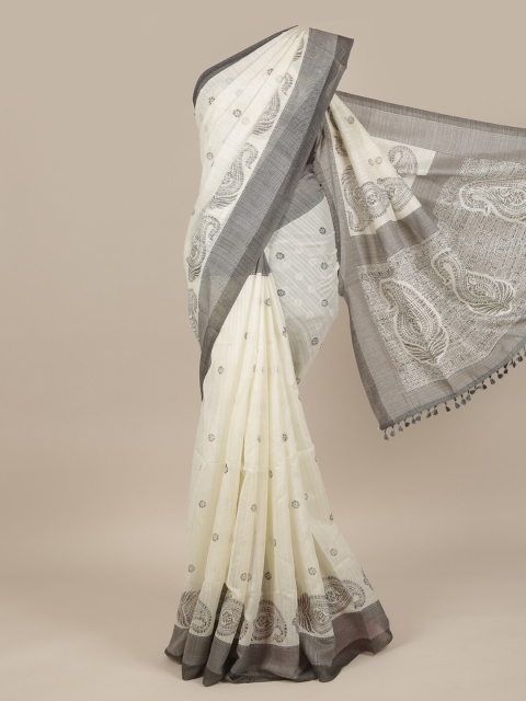 

Pothys Cream-Coloured & Grey Floral Jute Silk Saree