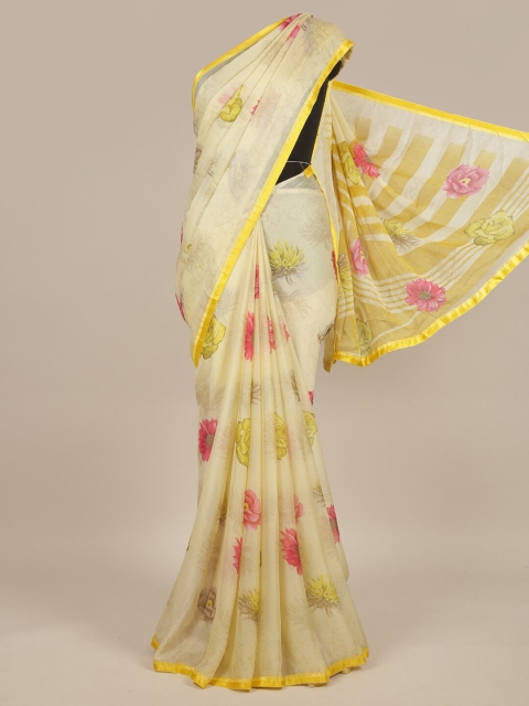 

Pothys Yellow & Pink Floral Poly Chiffon Saree