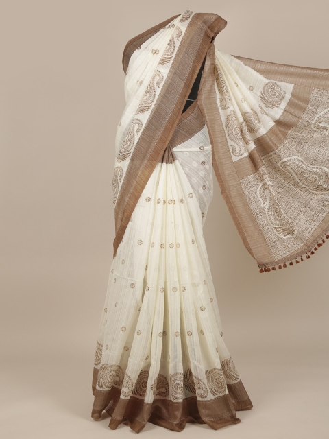 

Pothys Cream-Coloured & Brown Floral Jute Silk Saree