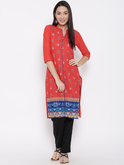 

AURELIA Women Coral Red Printed Straight Kurta