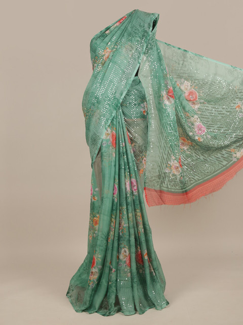 

Pothys Green & Red Floral Sequinned Saree