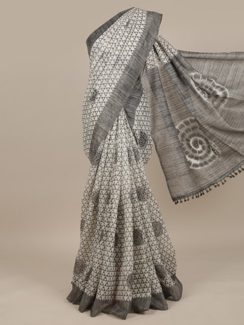 

Pothys Grey & White Printed Jute Silk Saree