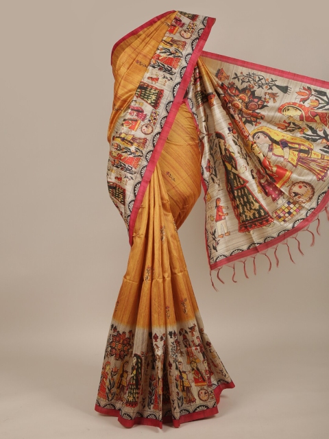

Pothys Mustard & Grey Ethnic Motifs Jute Silk Saree