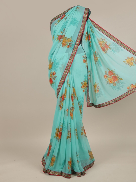 

Pothys Turquoise Blue Floral Poly Chiffon Saree