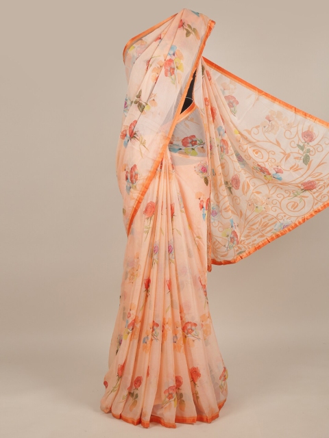 

Pothys Peach-Coloured & Blue Floral Saree