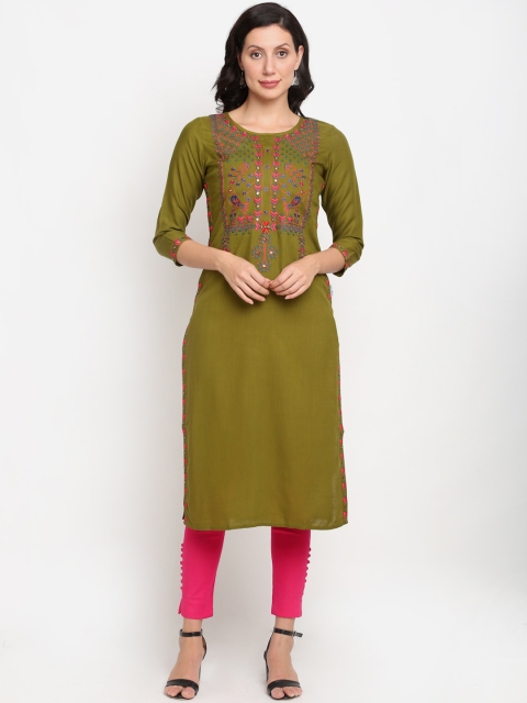 

Lovely Lady Women Olive Green Ethnic Motifs Yoke Design Mirror Work Kurta