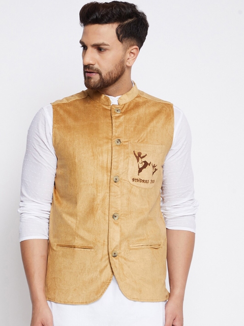 

even Men Beige Solid Woven Nehru Jacket