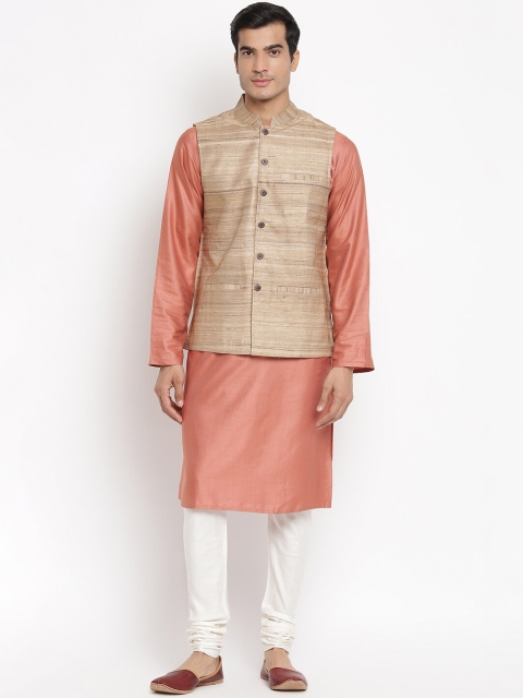 

Fabindia Men Beige Woven Design Pure Silk Woven Nehru Jacket