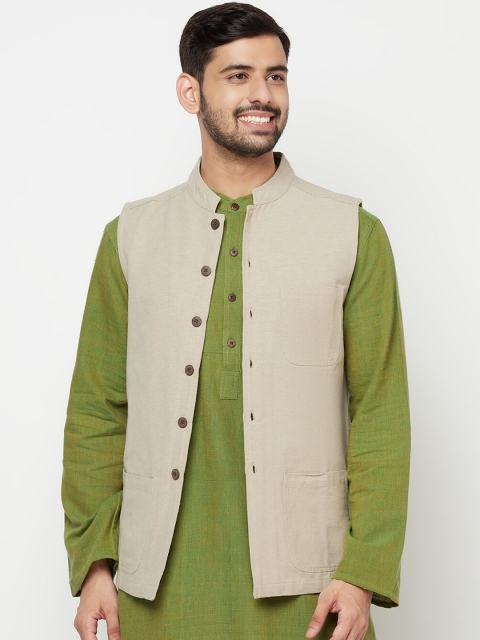 

Fabindia Men Beige Solid Woven Nehru Jacket, Na