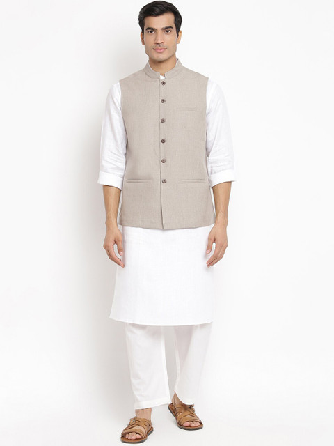 

Fabindia Men Beige Solid Linen Woven Nehru Jacket