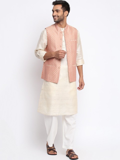 

Fabindia Men Peach & White Slim Fit Printed Nehru Jacket