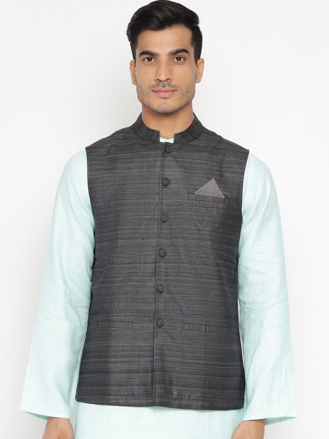 

Fabindia Men Black Slim Fit Solid Silk Nehru Jacket