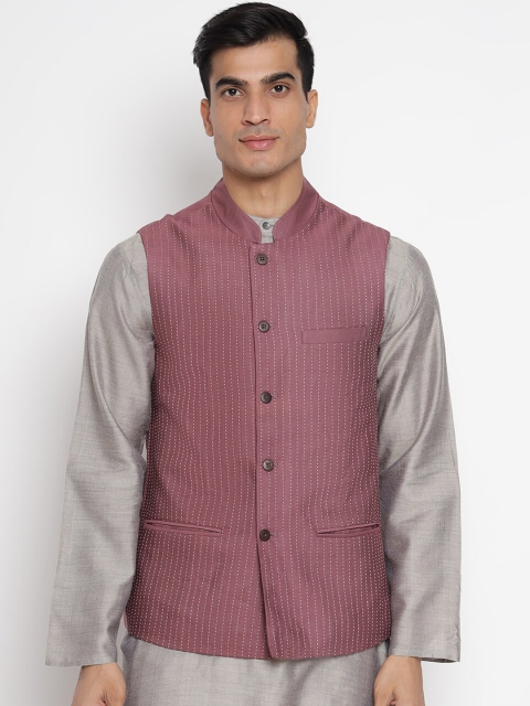 

Fabindia Men Burgundy Woven Design Pure Cotton Nehru Jacket