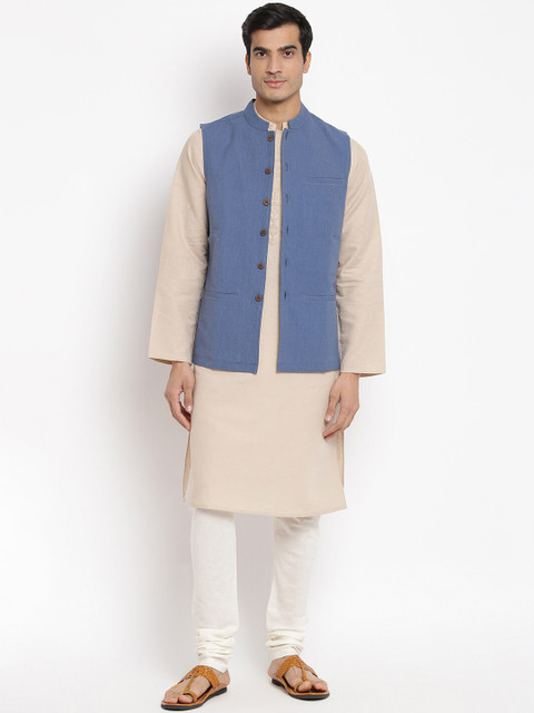 

Fabindia Men Blue Solid Pure Cotton Woven Nehru Jacket