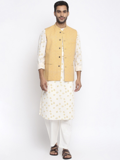

Fabindia Men Yellow Woven-Design Pure Cotton Woven Nehru Jacket