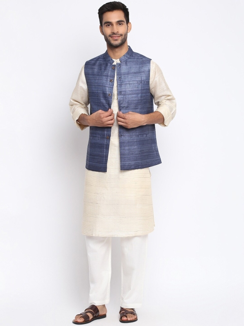 

Fabindia Men Blue Woven-Design Pure Silk Woven Nehru Jacket