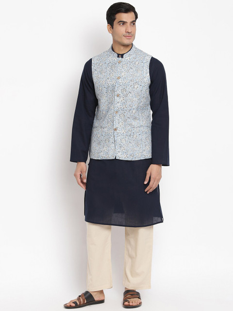 

Fabindia Men White & Blue Printed Pure Cotton Woven Nehru Jacket