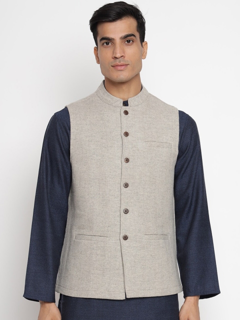 

Fabindia Men Beige Solid Pure Wool Woven Nehru Jacket