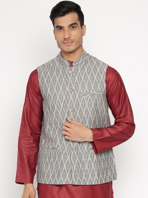 

Fabindia Men Grey & Beige Printed Pure Cotton Woven Nehru Jacket