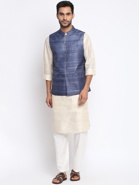 

Fabindia Men Blue Solid Pure Silk Woven Designed Nehru Jacket