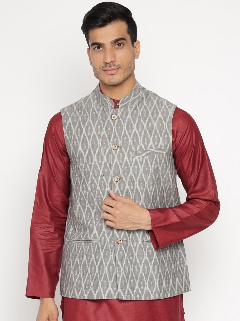 

Fabindia Men Grey & White Woven Design Pure Cotton Nehru Jacket