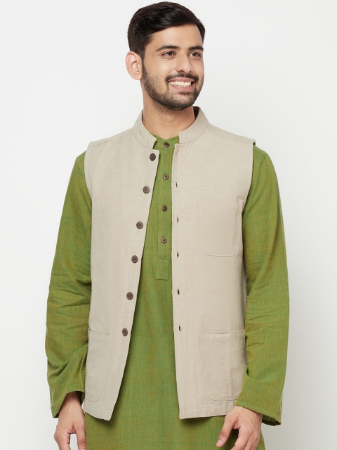 

Fabindia Men Beige Solid Pure Cotton Woven Nehru Jacket