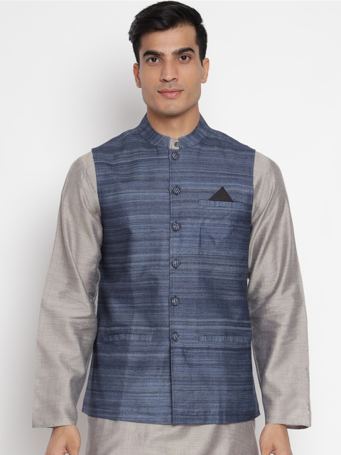

Fabindia Men Blue Solid Pure Silk Woven Nehru Jacket