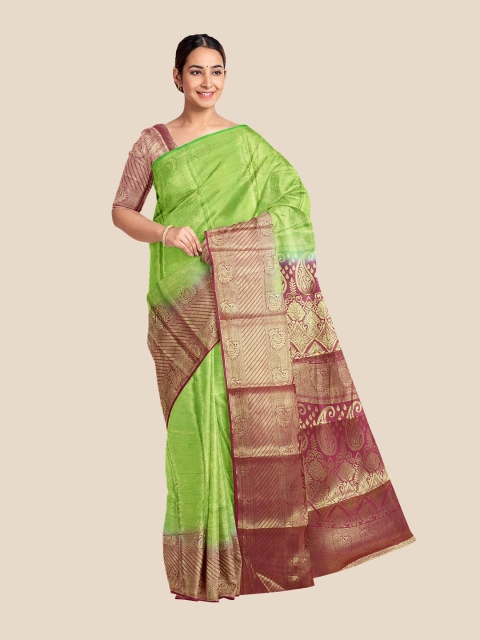 

Kalamandir Green & Maroon Ethnic Motifs Zari Silk Blend Banarasi Saree