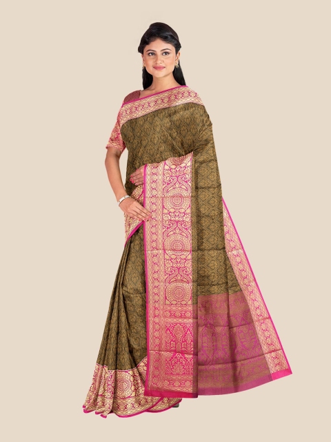 

Kalamandir Brown & Pink Floral Silk Blend Banarasi Saree