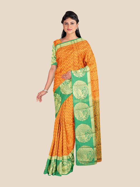 

Kalamandir Orange & Green Floral Silk Blend Banarasi Saree