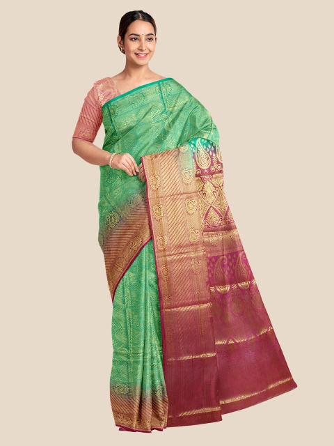 

Kalamandir Green & Magenta Ethnic Motifs Zari Silk Blend Banarasi Saree