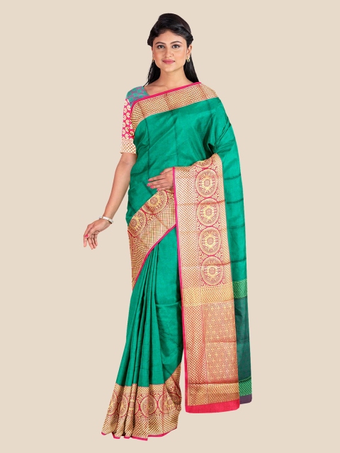 

Kalamandir Teal & Pink Ethnic Motifs Woven Designed Saree