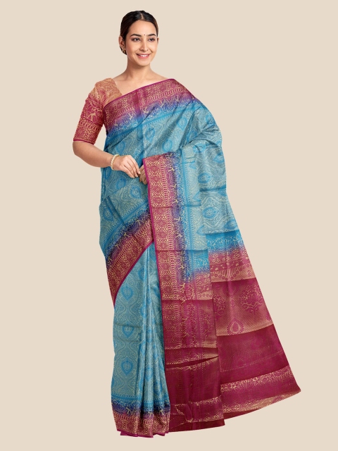 

Kalamandir Blue & Magenta Floral Silk Blend Banarasi Saree