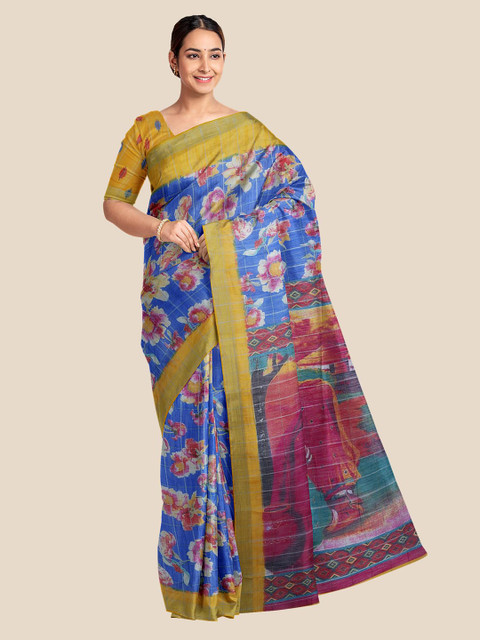 

Kalamandir Navy Blue & Purple Floral Banarasi Linen Blend Saree