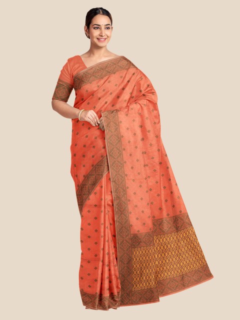 

Kalamandir Orange & Black Floral Silk Blend Banarasi Saree