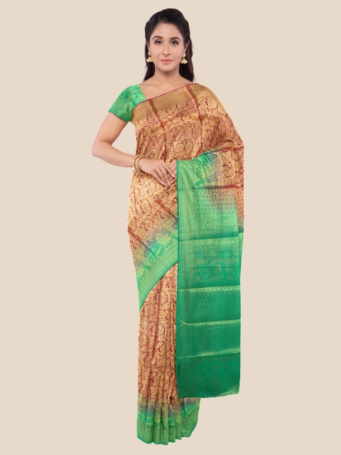 

Kalamandir Pink & Green Floral Zari Silk Blend Banarasi Saree