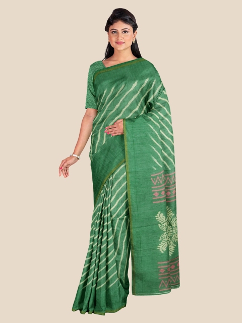 

Kalamandir Green & Off White Striped Silk Blend Saree
