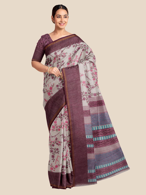 

Kalamandir Cream-Coloured & Pink Floral Printed Silk Blend Saree