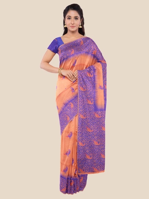 

Kalamandir Orange & Purple Ethnic Motifs Silk Blend Banarasi Saree