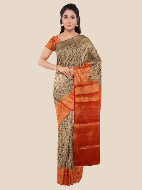

Kalamandir Gold & Navy Blue Paisley Silk Blend Banarasi Saree
