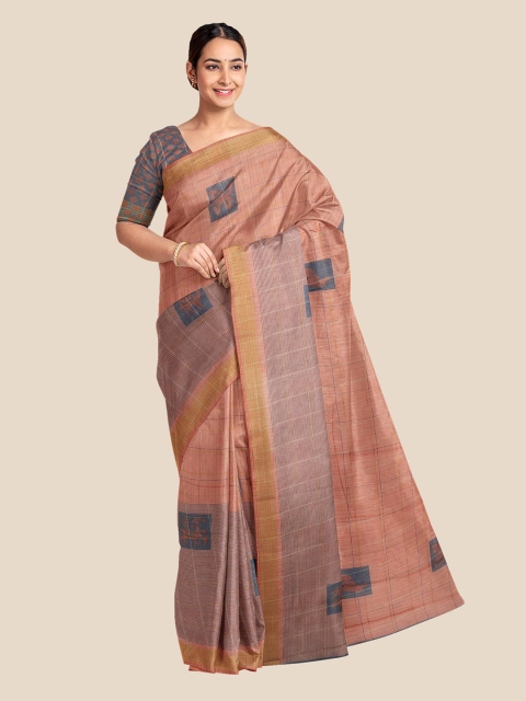 

Kalamandir Brown & Rose Checked Linen Blend Banarasi Saree
