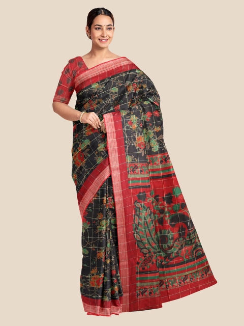 

Kalamandir Black & Maroon Checked Linen Blend Banarasi Saree